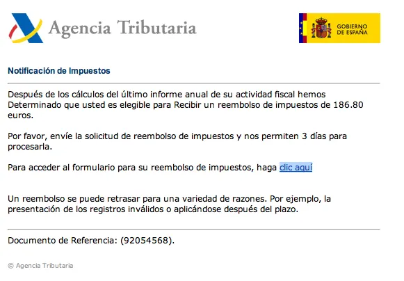 E-mail de la agencia tributaria devolviendo dinero