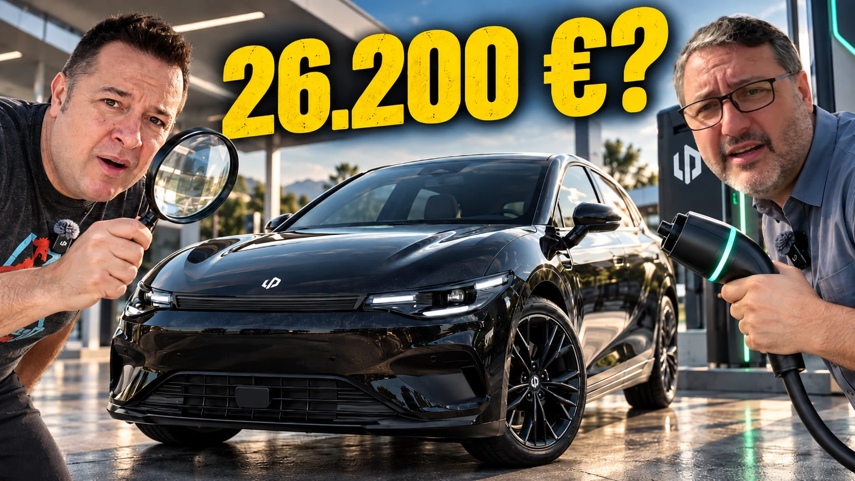 Lisard y Víctor junto al Leapmotor B05 y un conector de carga, con el precio de 26.200 euros